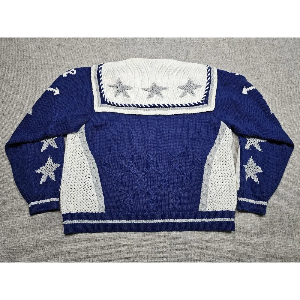 Vintage Berek 2 Cardigan Sweater Womens‎ Medium Blue Anchor Nautical Knit Stars